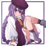  1girl aged_down beret bracelet braid braided_ponytail breasts collared_shirt dress fate/grand_order fate_(series) hat highres jewelry knees_up long_hair long_sleeves looking_at_viewer necktie neko_daruma puffy_long_sleeves puffy_sleeves purple_dress purple_eyes purple_hair purple_headwear shirt sidelocks sion_eltnam_sokaris sitting small_breasts solo thighlet white_shirt yellow_necktie 