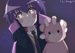  1girl child dark_gathering hair_between_eyes horror_(theme) houzuki_yayoi looking_down necktie purple_hair red_eyes stuffed_animal stuffed_toy tamago_(uhdr2338) teddy_bear 