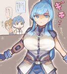  1boy blue_eyes blue_hair breasts brown_hair closed_mouth cosplay fayt_leingod fingerless_gloves gloves green_eyes large_breasts long_hair looking_at_viewer marielle_l._kenny sophia_esteed star_ocean star_ocean_the_divine_force star_ocean_till_the_end_of_time trutsmn 
