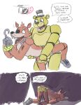  2014 animatronic anthro anthro_on_anthro anthro_penetrated anthro_penetrating anthro_penetrating_anthro ass_up balls bear canid canine clothing digital_media_(artwork) duo eye_patch eyebrows eyewear five_nights_at_freddy&#039;s fox foxy_(fnaf) fur genitals glans golden_freddy_(fnaf) handjob_while_penetrating hat hat_only headgear headgear_only headwear headwear_only hickeybickeyboo hook_hand interspecies machine male male/male male_penetrated male_penetrating male_penetrating_male mammal mostly_nude open_mouth open_smile penetration penis red_body red_fur robot scottgames sex sketch smile talking_to_another talking_to_partner teeth tongue top_hat yellow_body yellow_fur 