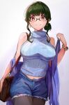  1girl anosillus_ii bag bracelet breasts denim denim_shorts earrings glasses green_hair gridman_universe hair_bun handbag jewelry large_breasts midriff_peek navel orange_eyes pantyhose sakamoto_(ojiojiojisanda) shorts single_hair_bun sleeveless sleeveless_turtleneck smile ssss.dynazenon turtleneck 