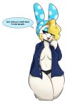  2023 absurd_res animal_crossing anthro blonde_hair blue_eyes breasts clothed clothing dialogue female francine_(animal_crossing) hair hi_res i_am_kat95 lagomorph leporid looking_at_viewer mammal nintendo open_clothing open_mouth open_shirt open_topwear panties rabbit shirt simple_background solo thick_thighs topwear underwear white_background wide_hips 