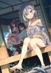  4girls absurdres bare_shoulders barefoot bcoca black_hair blue_eyes breasts character_request cleavage collarbone elf_wa_yoru_wo_omachikane feet finger_to_mouth floral_print hair_bun highres japanese_clothes kimono kimono_pull knees_together_feet_apart legs long_hair looking_at_viewer medium_breasts medium_hair multiple_girls open_mouth outdoors pink_hair purple_eyes red_hair shouji sitting sliding_doors soles splashing thighs toes twintails very_long_hair white_hair white_kimono 