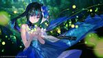  1girl bare_arms bare_shoulders black_hair blue_dress blue_eyes blue_flower blue_hair blue_nails breasts colored_inner_hair copyright_name crossed_bangs dress fireflies floral_print flower forest fuzichoco glowing hair_flower hair_intakes hair_ornament hikari_mizutsuki light_trail long_hair looking_at_animal medium_breasts multicolored_hair nature ponytail sidelocks solo standing streaked_hair utahime_dream 