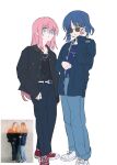  2girls adjusting_eyewear aoyama_yoshino belt black_belt black_jacket black_outline black_pants black_shirt blue_eyes blue_hair blue_jacket blue_shirt bocchi_the_rock! converse denim dot_nose eyes_visible_through_eyewear eyes_visible_through_hair full_body gotou_hitori hair_ornament hairclip highres jacket jeans jewelry long_hair looking_at_viewer mizuno_saku mole mole_under_eye multiple_girls necklace open_clothes open_jacket outline pants pants_rolled_up parted_lips pendant photo-referenced photo_inset pink_hair real_life red_footwear reference_inset ring ring_necklace shirt shoes short_hair simple_background sneakers sunglasses voice_actor white_background white_belt white_footwear yamada_ryou yamamura_saki yellow_eyes 