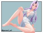  1girl arm_support bare_legs barefoot black_horns blush border breasts closed_mouth collarbone eyelashes feet full_body grey_background hand_on_own_knee highres horns knee_up large_breasts leaning_forward legs long_hair looking_at_viewer nail_polish paravet parted_bangs partially_unbuttoned purple_eyes purple_hair purple_nails shiny_skin shion_(tensei_shitara_slime_datta_ken) shirt sidelocks signature single_horn sitting solo tensei_shitara_slime_datta_ken thighs toenail_polish toenails toes twitter_username white_border white_shirt 