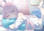 1girl ahoge bare_shoulders barefoot blue_archive blue_eyes blurry blurry_background blush cheek_poking commentary_request dot_nose dress hair_between_eyes hair_flaps halo hand_cursor highres hoshino_(blue_archive) huge_ahoge hugging_object indoors long_hair long_sleeves lying off_shoulder on_bed on_stomach one_eye_closed open_mouth parted_lips pillow pillow_hug pink_hair pink_halo poking solo u9ffo white_dress 