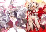  2girls animal_ear_fluff animal_ears bare_shoulders blonde_hair blush breasts buttons cleavage coat detached_collar double-breasted double_bun dress extra_ears fate/grand_order fate_(series) fox_ears fox_girl fox_tail fur_collar garter_straps gloves grin gun hair_between_eyes hair_bun halo hat headpiece highres japanese_clothes kimono koyanskaya_(assassin)_(third_ascension)_(fate) koyanskaya_(fate) koyanskaya_(lostbelt_beast:iv)_(fate) large_breasts long_hair long_sleeves looking_at_viewer multiple_girls no-kan off_shoulder one_eye_closed open_clothes open_coat pink_gloves pink_hair rabbit_ears rope sash short_dress sidelocks smile tail tamamo_(fate) thighhighs very_long_hair weapon white_coat white_dress white_headwear white_kimono white_thighhighs wide_sleeves yellow_eyes 