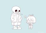  0725akaba 1other :d ^_^ absurdres blue_background chara_(undertale) closed_eyes food food_on_head grin hands_in_pockets highres hood hood_down hooded_jacket hot_dog jacket monochrome object_on_head open_clothes open_jacket sans shirt shorts simple_background skeleton slippers smile socks standing undertale 