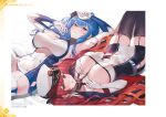  2girls azur_lane bed_sheet between_breasts blue_hair blush bow breasts buttons capelet chain collar covered_navel dress elbow_gloves garter_straps gloves hair_bow hair_ornament hands_on_own_chest hat highres honolulu_(azur_lane) large_breasts long_hair looking_at_viewer lying multiple_girls official_art on_back page_number panties parted_lips peaked_cap purple_eyes red_eyes red_hair short_dress side_ponytail simple_background smile st._louis_(azur_lane) strapless strapless_dress thighhighs twintails underwear watao 