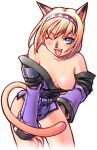  1girl ;3 ;d animal_ears animal_nose archived_source areola_slip avatar_(ff11) bare_shoulders blonde_hair blue_eyes blue_pupils breasts cat_ears cat_girl cat_tail collarbone covered_nipples cowboy_shot crossed_bangs fang final_fantasy final_fantasy_xi hairband hand_on_own_hip hand_on_own_thigh legs_apart long_sleeves looking_at_viewer medium_breasts mithra_(ff11) off_shoulder one_eye_closed open_mouth red_hairband ringed_eyes short_hair simple_background smile solo standing tail taisai_soft thighs two-tone_hairband white_background white_hairband 