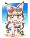  1girl alternate_costume animal_ears bikini blush bow bracelet breasts brown_eyes brown_hair camouflage camouflage_bikini chibi cleavage dog_tags eyewear_on_head fangs green_bow highres jewelry jungle_cat_(kemono_friends) kemono_friends kemono_friends_v_project large_breasts looking_at_viewer low_twintails mabuta_(mbt) mole mole_under_eye multicolored_hair navel open_mouth pink-framed_eyewear rectangular_eyewear smile solo sunglasses swimsuit tail teeth twintails upper_teeth_only white_hair 