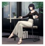  1girl absurdres alternate_costume bag baiyinzhideng black_hair black_shirt border breasts casual cleavage closed_mouth computer crossed_legs cup genshin_impact grey_pants handbag high-waist_pants highres holding holding_cup indoors jewelry kujou_sara laptop medium_breasts necklace on_chair pants parted_bangs plant plantar_flexion potted_plant sandals shirt short_hair sitting solo table white_border yellow_eyes 
