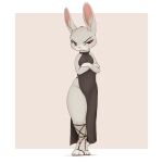  1:1 2023 3_toes absurd_res anthro black_clothing black_dress breasts claws clothed clothing crossed_arms dated digital_media_(artwork) dress eyelashes feet female fingers footwear frown full-length_portrait fully_clothed fur grey_body grey_fur half-closed_eyes hi_res lagomorph leporid louart mammal narrowed_eyes open_toe_footwear portrait rabbit red_eyes signature simple_background skimpy_dress solo standing teeth toe_claws toes vampire 