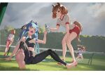  4girls ahoge aqua_hair ass bare_legs barefoot black_hair black_leggings black_sports_bra blue_dress blue_hair boots bottle braid braided_ponytail breasts brown_tail buruma character_request check_character closed_eyes cloud cloudy_sky commentary_request crossed_bangs day dress feet foreshortening from_behind full_body grey_eyes gym_uniform hair_ribbon hand_on_own_knee harusame_tsubaki holding horse_girl horse_tail ikuno_dictus_(umamusume) leaning_forward leggings legs long_hair long_sleeves midriff multicolored_hair multiple_girls nice_nature_(umamusume) on_ground open_mouth outdoors parted_bangs plastic_bottle ponytail red_buruma red_footwear red_shorts ribbon running shadow sharp_teeth shoes short_shorts shorts sidelocks sitting sky sleeveless small_breasts sneakers soles sports_bra spread_legs standing streaked_hair swept_bangs tail teeth thighs toes tokai_teio_(umamusume) twin_turbo_(umamusume) twintails umamusume very_long_hair water_bottle white_dress white_footwear 