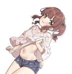  1girl aa211108 blue_shorts blush bra bra_peek breasts brown_eyes brown_hair clothes_lift commentary denim denim_shorts dot_nose dutch_angle idolmaster idolmaster_cinderella_girls lace-trimmed_shirt lace_trim lifted_by_self long_sleeves looking_at_viewer medium_hair navel ogata_chieri parted_lips pink_bra pink_shirt shirt shirt_lift short_shorts shorts sidelocks small_breasts solo stomach thighs twintails underwear white_background white_hair wide_sleeves 