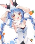  1girl animal_ears armpits arms_up blue_hair blush bow braid breasts carrot carrot_hair_ornament cleavage detached_sleeves don-chan_(usada_pekora) food-themed_hair_ornament fur-trimmed_gloves fur_trim gloves hair_bow hair_ornament hololive ikazu401 leotard long_hair looking_at_viewer multicolored_hair open_mouth orange_eyes rabbit_ears rabbit_girl scarf short_sleeves small_breasts smile solo strapless strapless_leotard streaked_hair thick_eyebrows twin_braids usada_pekora usada_pekora_(1st_costume) very_long_hair virtual_youtuber white_hair 