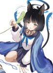  1girl animal_ear_fluff animal_ears black_eyes black_nails black_ribbon black_sailor_collar blue_archive blue_neckerchief blue_ribbon blue_skirt blush cat_ears cat_teaser collarbone doll floral_print halo hand_on_ground highres kikyou_(blue_archive) kimono_on_shoulders looking_at_viewer morishin546 multiple_tails neck_ribbon neckerchief on_ground pleated_skirt ribbon sailor_collar shirt short_hair simple_background skirt solo speed_lines tail two_tails white_background white_shirt 