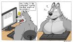  2023 anthro back_muscles biceps big_pecs black_nose border canid canine canis computer confusion dialogue digital_media_(artwork) english_text eyebrows fur grey_body grey_fur hi_res keyboard male mammal muscular muscular_anthro muscular_male nipples open_mouth pecs question_mark ruffus_(ruffusbleu) ruffusbleu simple_background solo speech_bubble talking_to_self teeth text tongue white_background white_border wolf 