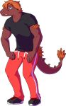  5_fingers adam_(gvh) alpha_channel anthro bottomwear clothing dinosaur dromaeosaurid feathers fingers footwear goodbye_volcano_high hair hi_res lidded_eyes long_tail male orange_body orange_feathers orange_hair pants plantigrade purple_eyes red_body reptile scalie shirt shoes simple_background sneakers snoot_game solo standing tail tail_feathers teeth theropod topwear track_pants transparent_background unknown_artist 