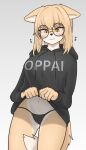  amber_eyes anthro aroused athletic athletic_anthro athletic_female big_breasts blonde_hair blush bodily_fluids breasts camel_toe canid canine clothed clothing clothing_lift dipstick_tail dripping eyewear female fluffy fluffy_tail fox genital_fluids glasses hair hi_res hoodie inner_ear_fluff jeifier korfiorano long_hair looking_at_viewer mammal markings natural_breasts nervous pantsless pussy_juice pussy_juice_drip rebekah shirt shirt_lift solo sweat sweatdrop tail tail_markings text text_on_clothing thong topwear tuft underwear 