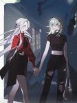  2girls bag bare_legs black_coat black_pants black_shirt black_skirt blurry blurry_background byleth_(female)_(fire_emblem) byleth_(fire_emblem) caicaicaicai_ni_caicai coat contemporary crop_top edelgard_von_hresvelg fire_emblem fire_emblem:_three_houses green_eyes green_hair hair_between_eyes hair_ribbon highres holding holding_bag holding_hands looking_at_another multiple_girls night night_sky outdoors pants parted_bangs purple_eyes purple_ribbon red_shirt ribbon shirt skirt sky torn_clothes torn_pants white_hair yuri 