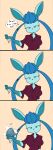  2023 absurd_res anthro big_breasts blue_body blue_egg blue_eyes blue_fur blue_hair breasts clothing comic dialogue eeveelution egg english_text female fur galia_(sandwich-anomaly) generation_4_pokemon glaceon hair hi_res holding_egg holding_object hybrid looking_at_viewer lucario nintendo pokemon pokemon_(species) pokemon_egg red_clothing red_shirt red_topwear sandwich-anomaly shirt simple_background solo sound_effects speech_bubble spikes spikes_(anatomy) standing talking_to_viewer tan_background text topwear 