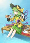  1girl absurdres black_headwear bow cheese commentary_request eating eyelashes food frilled_shirt_collar frills full_body green_eyes green_hair green_skirt hair_between_eyes hat hat_bow highres holding holding_food holding_pizza komeiji_koishi long_sleeves miroku_(mirokusan36) olive pepperoni pizza pizza_slice shadow shirt short_hair sitting skirt soaking_feet solo touhou yellow_bow yellow_shirt 