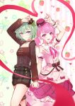  2girls absurdres amin_(aminblue) arms_up bow brown_choker brown_shirt brown_shorts candle_no_kaori_wa_omoide_to_tomo_ni_(project_sekai) choker closed_mouth detached_sleeves dress green_bow green_hair hair_bow hat heart_arms highres himitsu_no_valentine_daisakusen!_(project_sekai) holding_hands kusanagi_nene long_sleeves medium_hair mini_hat multiple_girls ootori_emu open_mouth pink_dress pink_eyes pink_hair pink_headwear project_sekai puffy_short_sleeves puffy_sleeves purple_eyes shirt short_hair short_sleeves short_twintails shorts smile twintails 