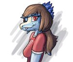 anthro blep blue_body blue_feathers blue_highlights breasts brown_hair clothed clothing dinosaur dromaeosaurid feathered_crest feathers female freckles hair head_crest highlights_(coloring) i_wani_hug_that_gator jenine_(iwhtg) jersey looking_at_viewer one_eye_closed ponytail pupils red_eyes reptile scalie simple_background slit_pupils smile smiling_at_viewer snout solo theropod tongue tongue_out unknown_artist velociraptor 