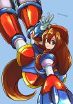  1girl android aosora2823 beret breasts brown_hair gloves green_eyes hair_between_eyes hat highres iris_(mega_man) long_hair low-tied_long_hair medium_breasts mega_man_(series) mega_man_x_(series) military_hat ponytail reaching reaching_towards_viewer red_headwear simple_background smile solo tagme twitter_username very_long_hair 