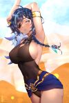  1girl arabian_clothes blue_eyes blue_hair braid cape desert earrings eyepatch fyirkingdomsis genderswap genderswap_(mtf) genshin_impact hair_ornament highres jewelry kaeya_(genshin_impact) long_hair multicolored_hair solo white_cape 