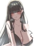  1girl absurdres bikini black_bikini black_hair blue_archive blush breasts bright_pupils collarbone hair_in_own_mouth hair_ornament hairclip highres large_breasts long_hair off_shoulder panvyru red_eyes rio_(blue_archive) solo sweat swimsuit twitter_username white_pupils 