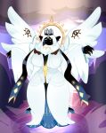  absurd_res angel avatar_of_destiny biblically_accurate_angel big_breasts black_body black_skin breasts clothing cloud cookie_(cookie_run) cookie_run crown curvy_figure entity eyes_closed feathered_wings feathers female food food_creature food_humanoid halo headgear hi_res huge_breasts humanoid sky solo tunic voluptuous wings 