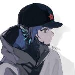  1boy baseball_cap black_headwear blue_hair closed_mouth commentary decarabia hair_between_eyes hat highres hood hood_down jacket long_hair male_focus protagonist_(smtv) shadow shin_megami_tensei shin_megami_tensei_v simple_background solo symbol-only_commentary twitter_username upper_body white_background yellow_eyes za210n 