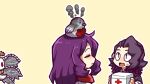  2boys animal_on_head armor bird bird_on_head black_jacket closed_eyes closed_mouth commentary_request employee_(lobotomy_corporation) first_aid_kit fur-trimmed_jacket fur_trim hatake_shimeji holding jacket lobotomy_corporation long_hair long_sleeves medium_hair multiple_boys on_head open_clothes open_jacket open_mouth outline project_moon punishing_bird purple_hair shoulder_armor simple_background sweat white_outline whitenight_(lobotomy_corporation) yellow_background 