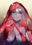  1girl 92m breasts brown_eyes closed_mouth collarbone highres looking_at_viewer medium_breasts original pale_skin red_hood short_hair solo torn_clothes upper_body white_hair 
