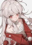  1girl absurdres clara_(honkai:_star_rail) closed_mouth collar collarbone commentary_request detached_collar grey_background grey_hair highres honkai:_star_rail honkai_(series) jacket long_hair long_sleeves looking_at_viewer pom_pom_(clothes) red_eyes red_jacket single_bare_shoulder solo upper_body white_collar yuk233 