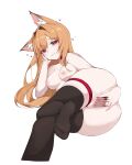  1girl absurdres animal_ear_fluff animal_ears arm_support bar_censor black_thighhighs breasts censored commission etn298 fang fang_out feet foot_out_of_frame fox_ears fox_girl head_rest heart highres light_brown_hair long_hair looking_at_viewer medium_breasts no_shoes nude orange_hair original puffy_nipples pussy red_eyes skin_fang smile soles spread_pussy thighhighs toes 