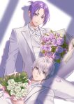  2boys black_eyes blue_lock bouquet closed_mouth collared_shirt cowboy_shot cst flower formal highres holding holding_bouquet jacket lap_pillow long_sleeves looking_at_viewer lying male_focus mikage_reo multiple_boys nagi_seishirou on_back pants purple_eyes purple_flower purple_hair shirt short_eyebrows short_hair short_ponytail sitting smile suit vest white_background white_flower white_hair white_jacket white_pants white_shirt white_suit white_vest 