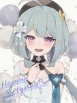  1girl :d balloon bare_shoulders beret black_headwear confetti dress duplicate eyebrows_hidden_by_hair grey_background griseo hand_up happy_birthday hat highres honkai_(series) honkai_impact_3rd looking_at_viewer off-shoulder_dress off_shoulder pixel-perfect_duplicate purple_eyes simple_background smile solo upper_body ura_(hamburg_oniku) white_dress 