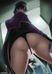  1girl absurdres anus anus_peek ass black_panties blue_eyes blue_hair fate/grand_order fate_(series) from_behind highres hood hood_up hooded_robe indoors long_hair medea_(fate) orphen_(pink_seito) panties partially_visible_vulva pointy_ears robe rulebreaker solo thong underwear 