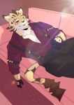  anthro clothing dress_shirt felid fur furniture gloves handwear hi_res leopard lifewonders male mammal ose_(tas) pantherine pecs ruentn shirt sleeping sofa solo spots spotted_body spotted_fur suspenders tokyo_afterschool_summoners topwear 