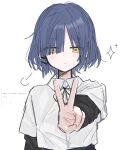  1girl blue_hair bocchi_the_rock! commentary eyes_visible_through_hair hair_tie highres looking_at_viewer mole mole_under_eye school_uniform shimokitazawa_high_school_uniform short_hair uzu_(uzu_xon) v yamada_ryou yellow_eyes 