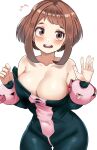  1girl absurdres areola_slip ass_visible_through_thighs bare_shoulders blush bodysuit boku_no_hero_academia breasts brown_eyes brown_hair cleavage collarbone covered_navel cowboy_shot dressing flying_sweatdrops hair_intakes hands_up highres large_breasts looking_at_viewer medium_hair open_mouth sidelocks simple_background solo swept_bangs teeth thigh_gap uraraka_ochako white_background zd_(pixiv6210083) 