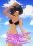  1girl arm_up bikini black_hair breasts cleavage cloud cloudy_sky collarbone day highres navel nazo_no_kanojo_x one_eye_covered outdoors print_sarong sarong short_hair sky solo standing swimsuit tsubaki_mikoto urabe_mikoto 