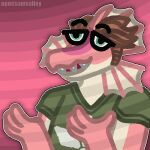  1:1 2023 4_fingers absurd_res anthro artist_name brown_hair clone_high damien_(iwhtg) digital_drawing_(artwork) digital_media_(artwork) dilophosaurid dilophosaurus dinosaur fingers frill_(anatomy) hair hi_res hybrid i_wani_hug_that_gator male meme multicolored_body multicolored_scales opossumvalley red_body red_scales reptile scales scalie sharp_teeth short_hair simple_background smile snout solo spinosaurid spinosaurus tan_body tan_scales teal_eyes teeth theropod two_tone_body two_tone_scales watermark 
