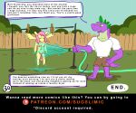  anthro backyard clothes_line clothes_pin comic dialogue dragon duo english_text equid equine female fluttershy_(mlp) friendship_is_magic garden_hose hasbro horse lawn male mammal muscular muscular_male my_little_pony pegasus pony public public_nudity shower size_difference spike_(mlp) sugslimic text unconscious wet wings 