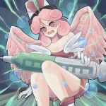  1girl @_@ ahoge bare_shoulders blush bubble collarbone commission dress duel_monster feathered_wings gloves hat highres holding holding_syringe injection_fairy_lily open_mouth oversized_object pink_eyes pink_hair pink_wings pixiv_commission sitting solo syringe tamatarou white_gloves wings yu-gi-oh! 