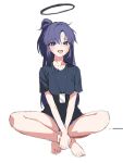  1girl bare_legs barefoot blue_archive blush breasts collarbone english_commentary halo highres indian_style jason_kim lanyard legs looking_at_viewer medium_breasts official_alternate_costume purple_eyes purple_hair simple_background sitting sketch solo sweat toes tongue tongue_out white_background yuuka_(blue_archive) yuuka_(track)_(blue_archive) 